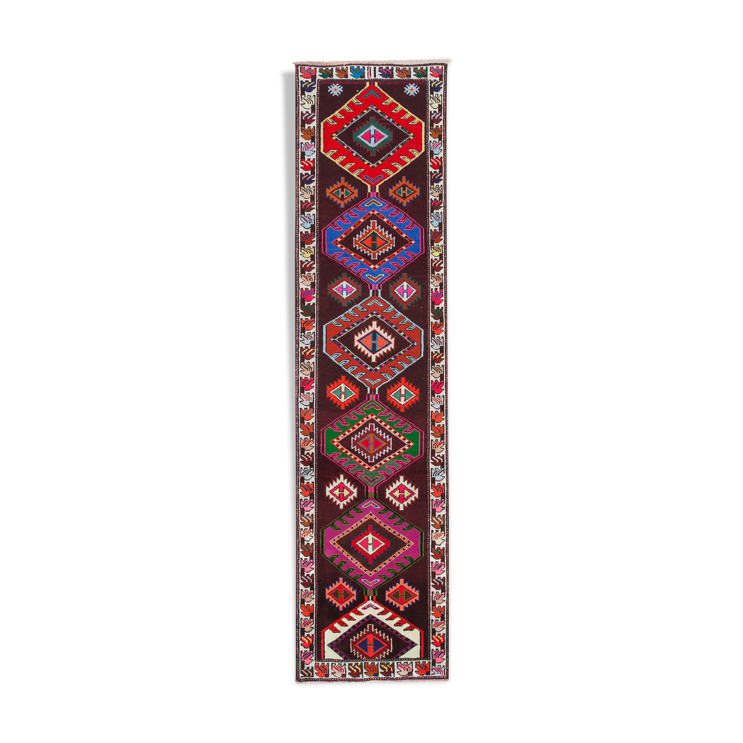 Hand-knotted wool turkish multicolor runner carpet 90 cm x 364 cm