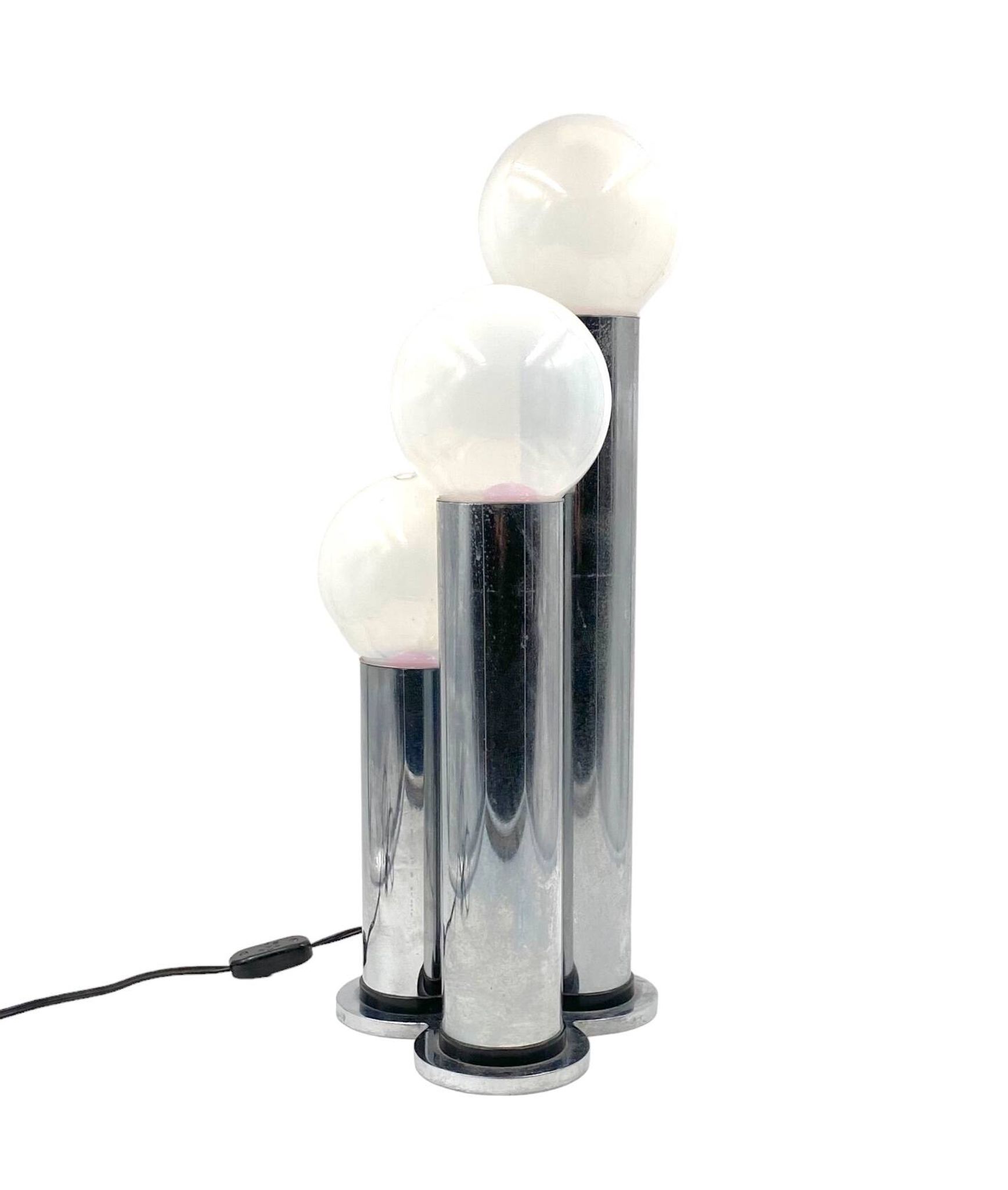 Hollywood regency 3 lights metal and opaline glass table lamp, Lama, Italy 1970s