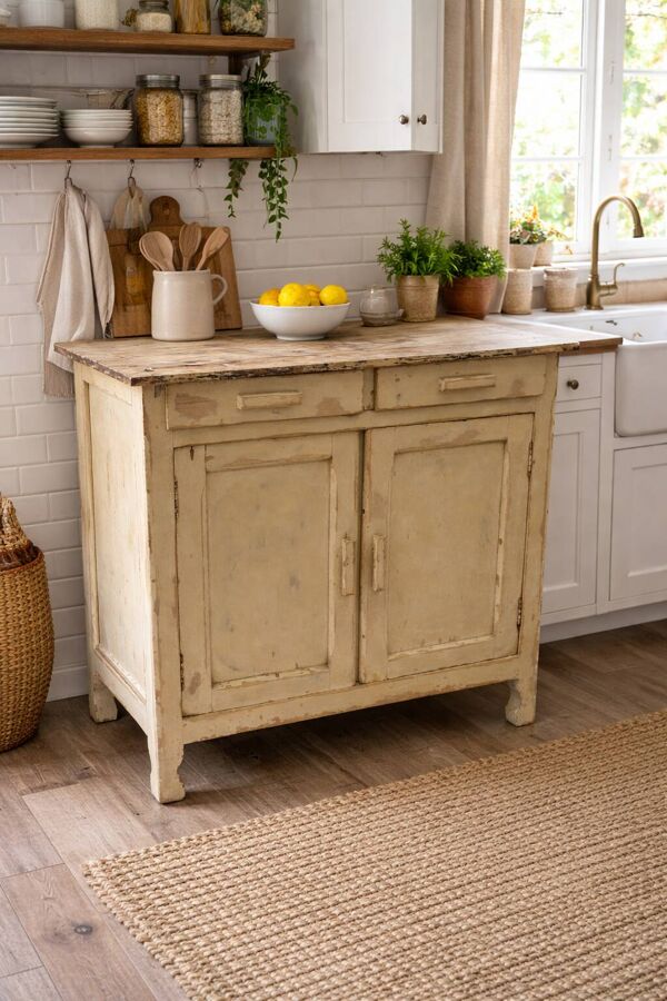 Buffet bas ancien en bois patiné