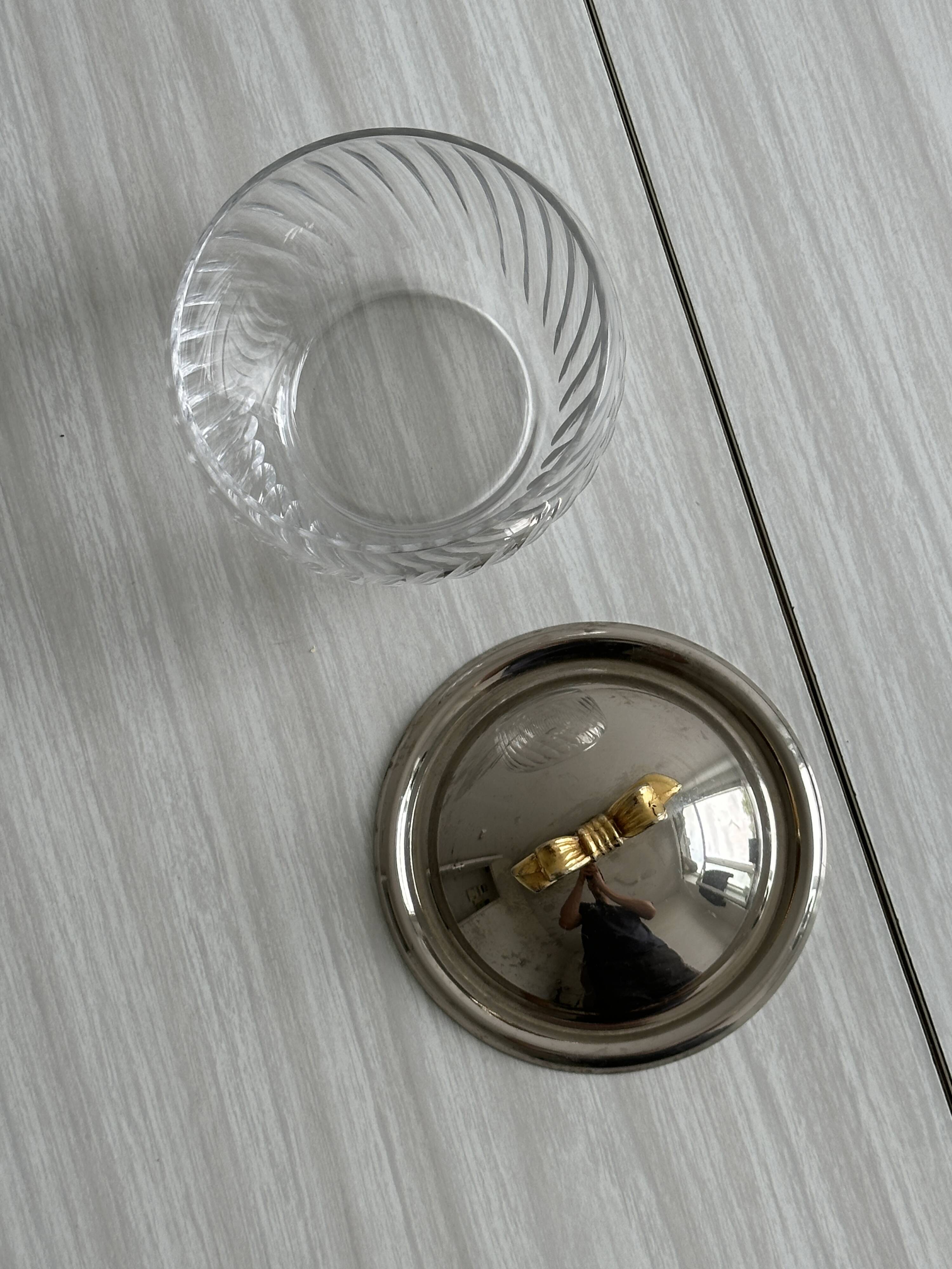 Small glass and metal sugar pot