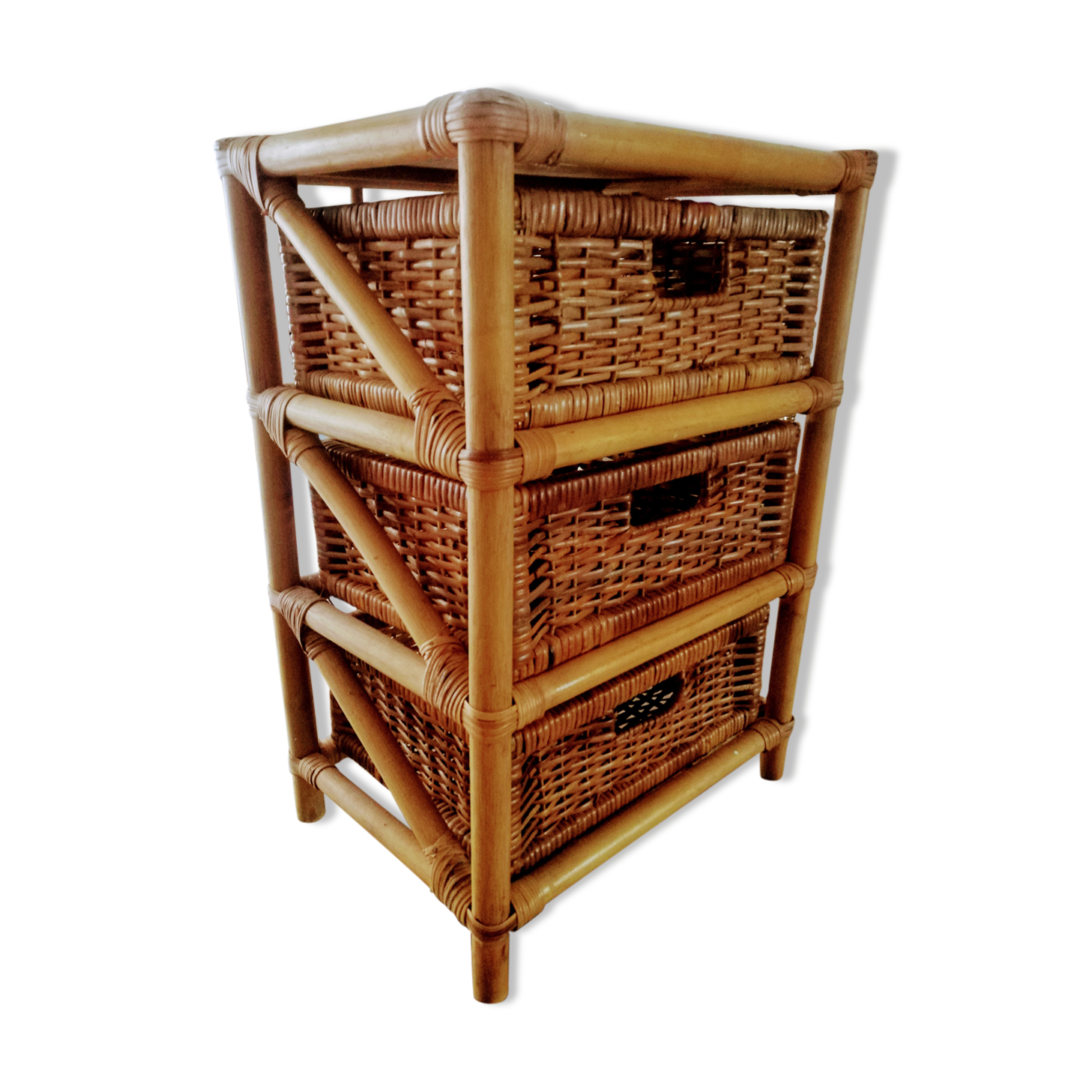 Standing shelf with rattan and bamboo drawers