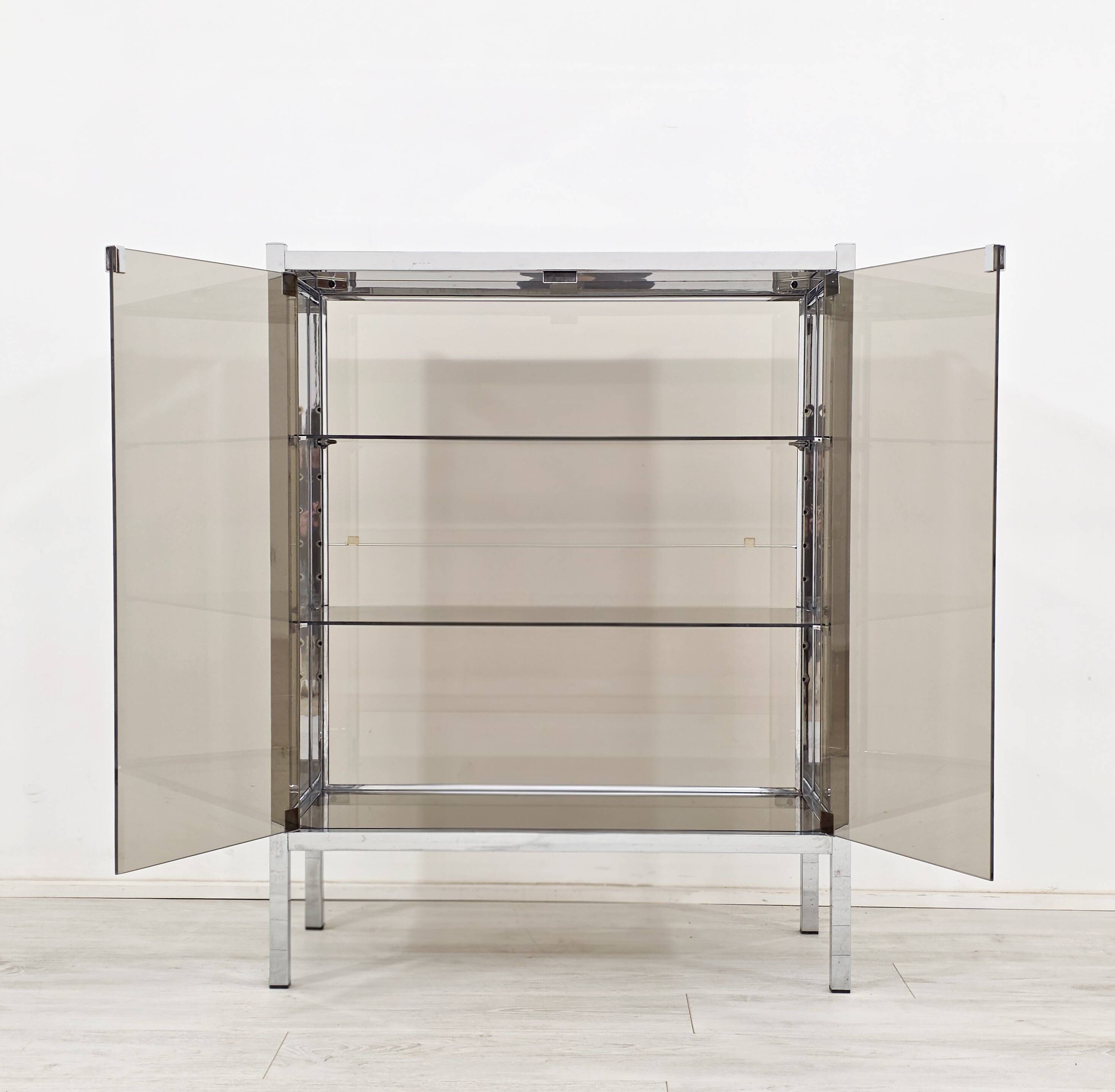 Chrome metal display cabinet with smoked glass – modernist design, 1920s.