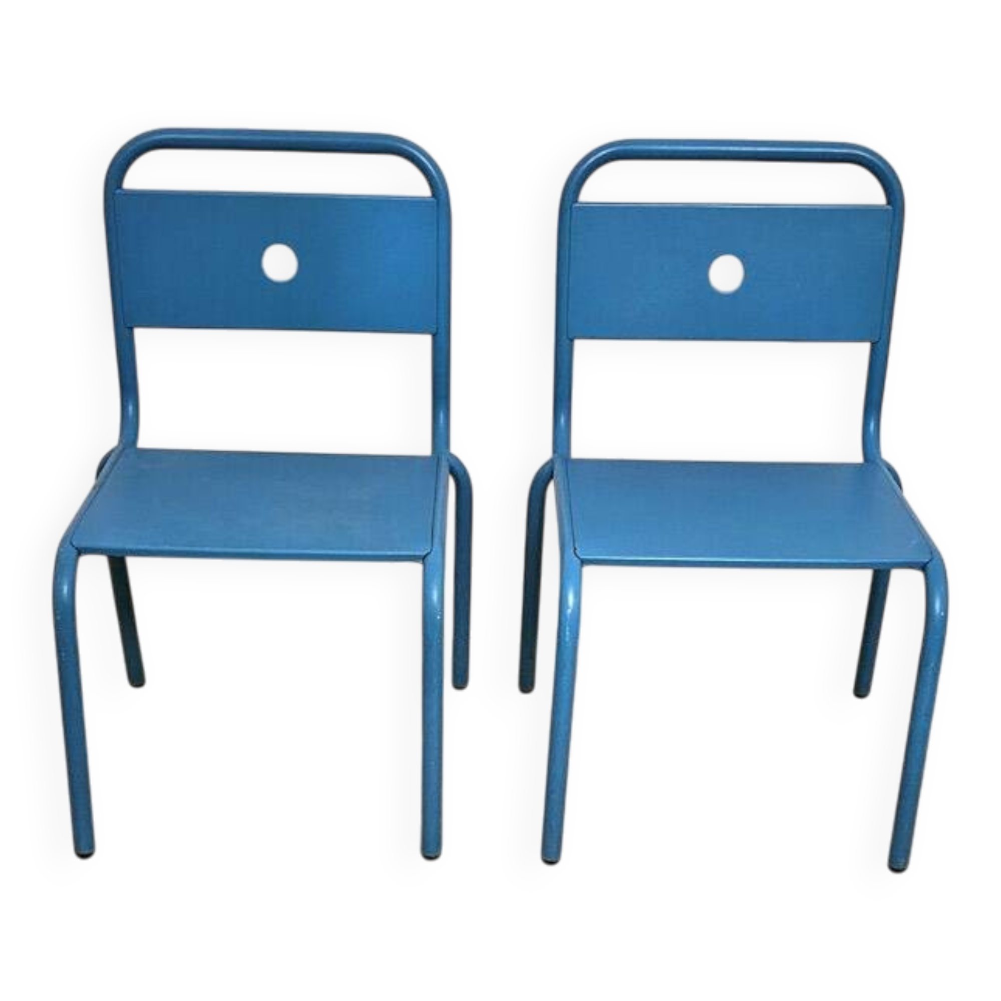 Pair of vintage blue metal school chairs – 1960s