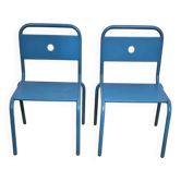 Paire de chaises d’écoliers vintage en métal bleu – années 60