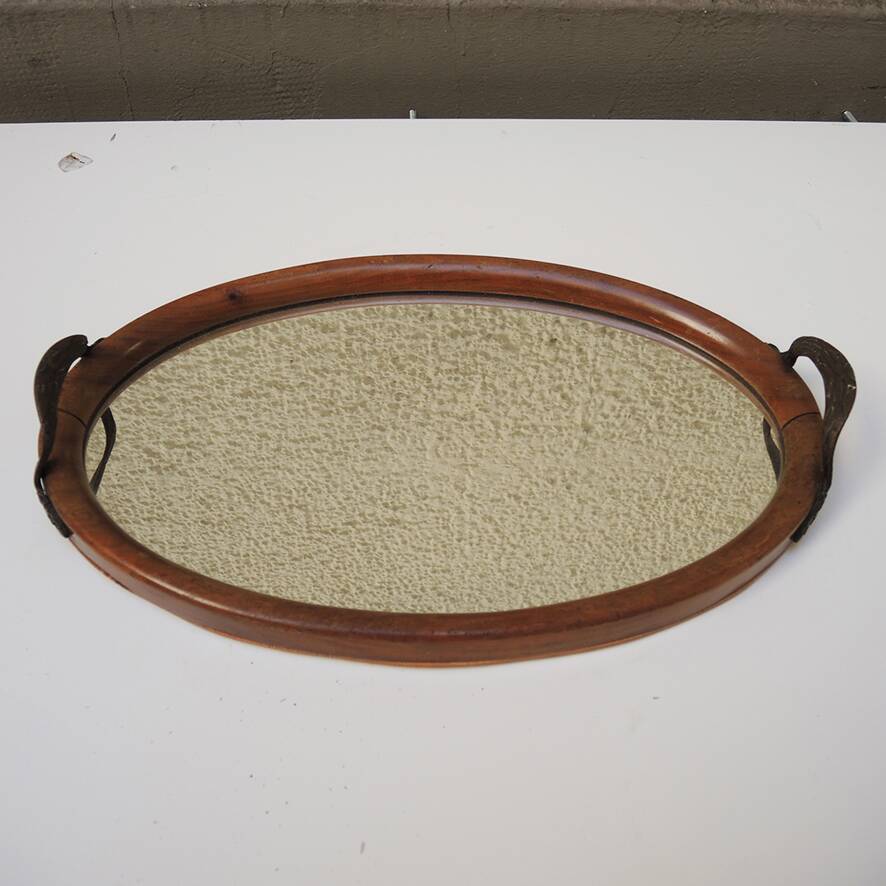 Antique wooden tray and art deco style mirror