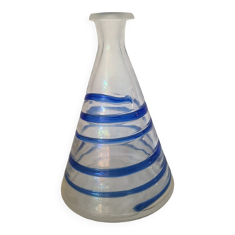 Conical glass vase/carafe blown with a blue spiral decoration.