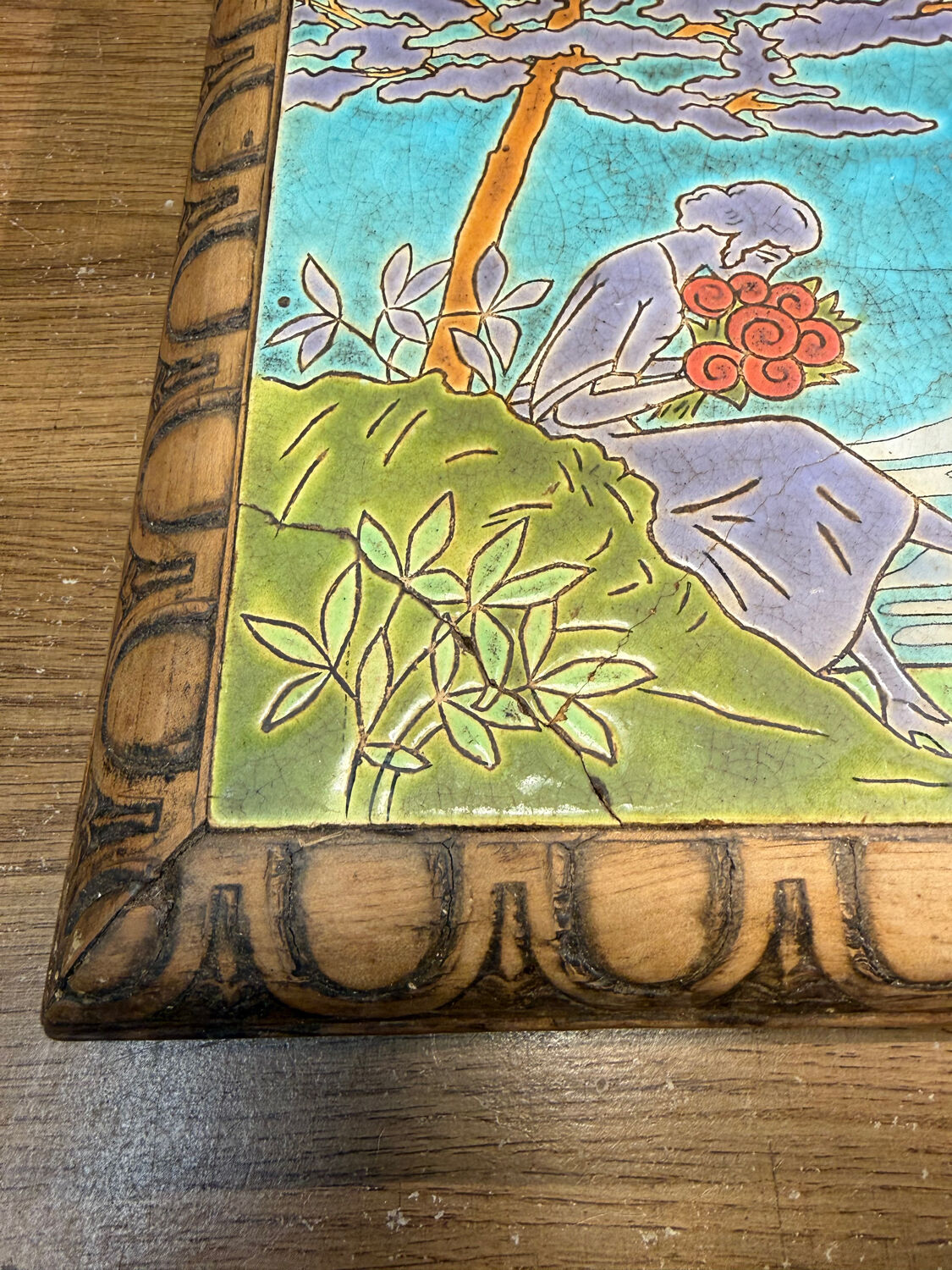 Antique trivet Enamels of Longwy woman landscape decoration