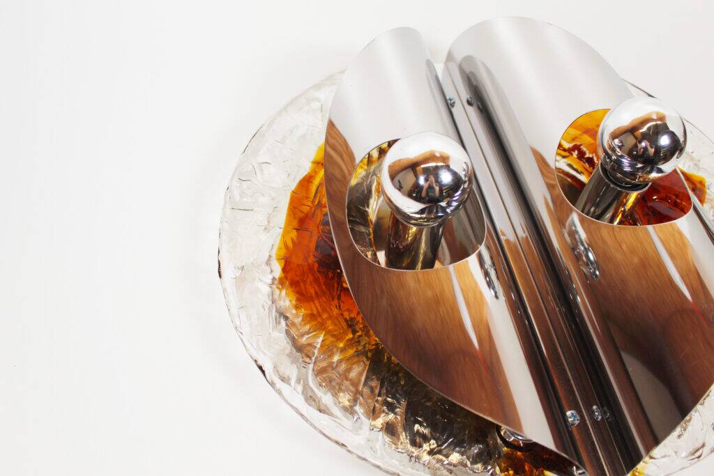 Stunning large pair of Murano glass and chrome wall lights by Mazzega