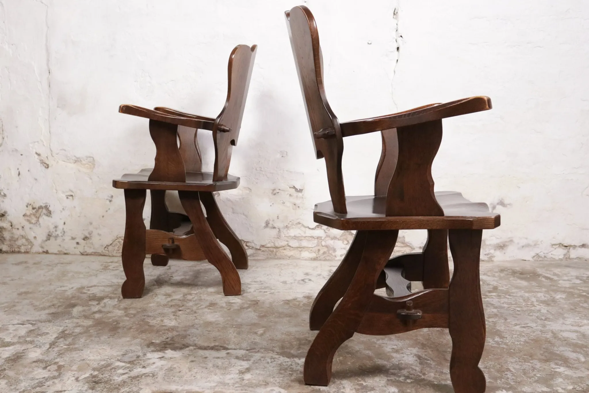 Story book brutalist wabi sabi oak fireplace lounge chairs