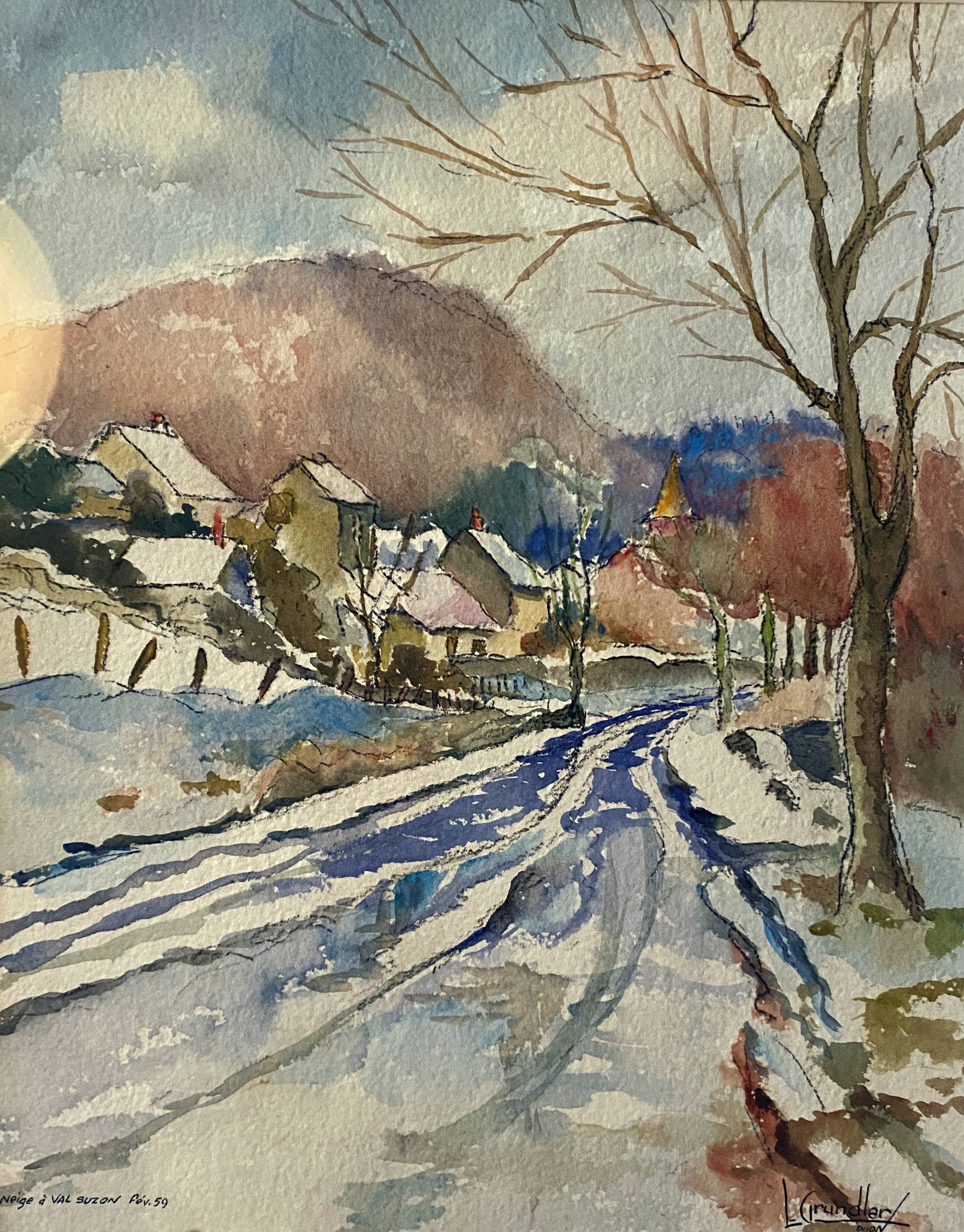 Watercolour painting "Snow in Val Suzon" (21) signed L. Grundler 1959