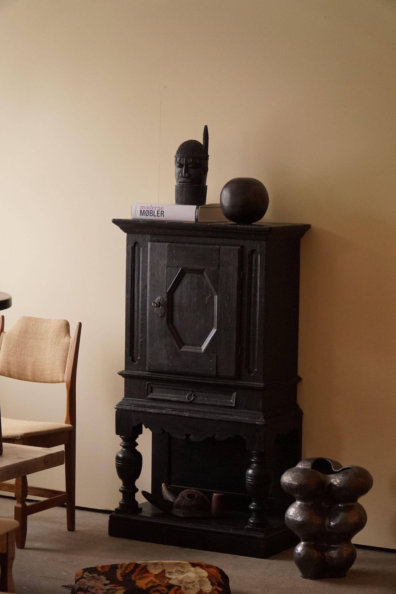 Antique black painted wardrobe from the 18th century by a Danish cabinetmaker, baroque.