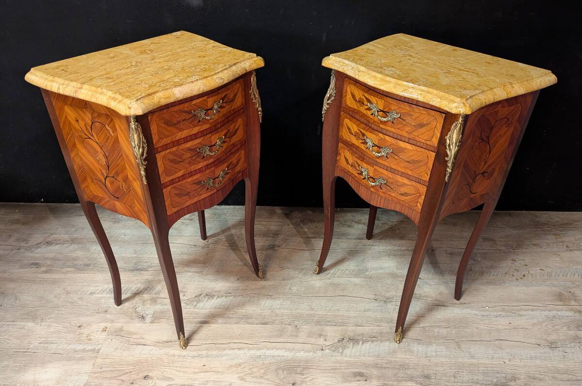 Louis XV style commode with marquetry and its pair of bedside tables.