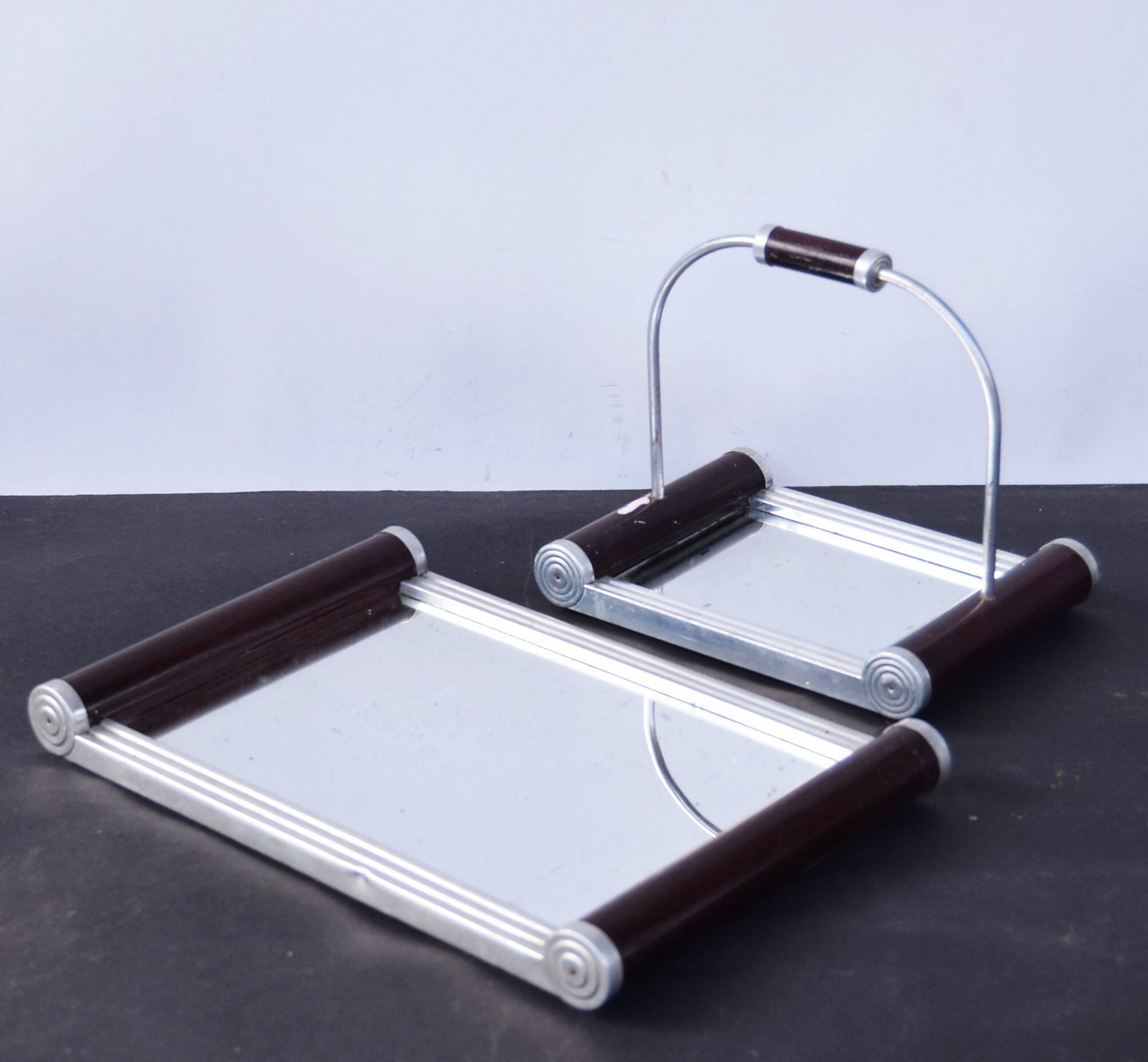 Lot of 2 Art Deco French Serving Mirror Tray