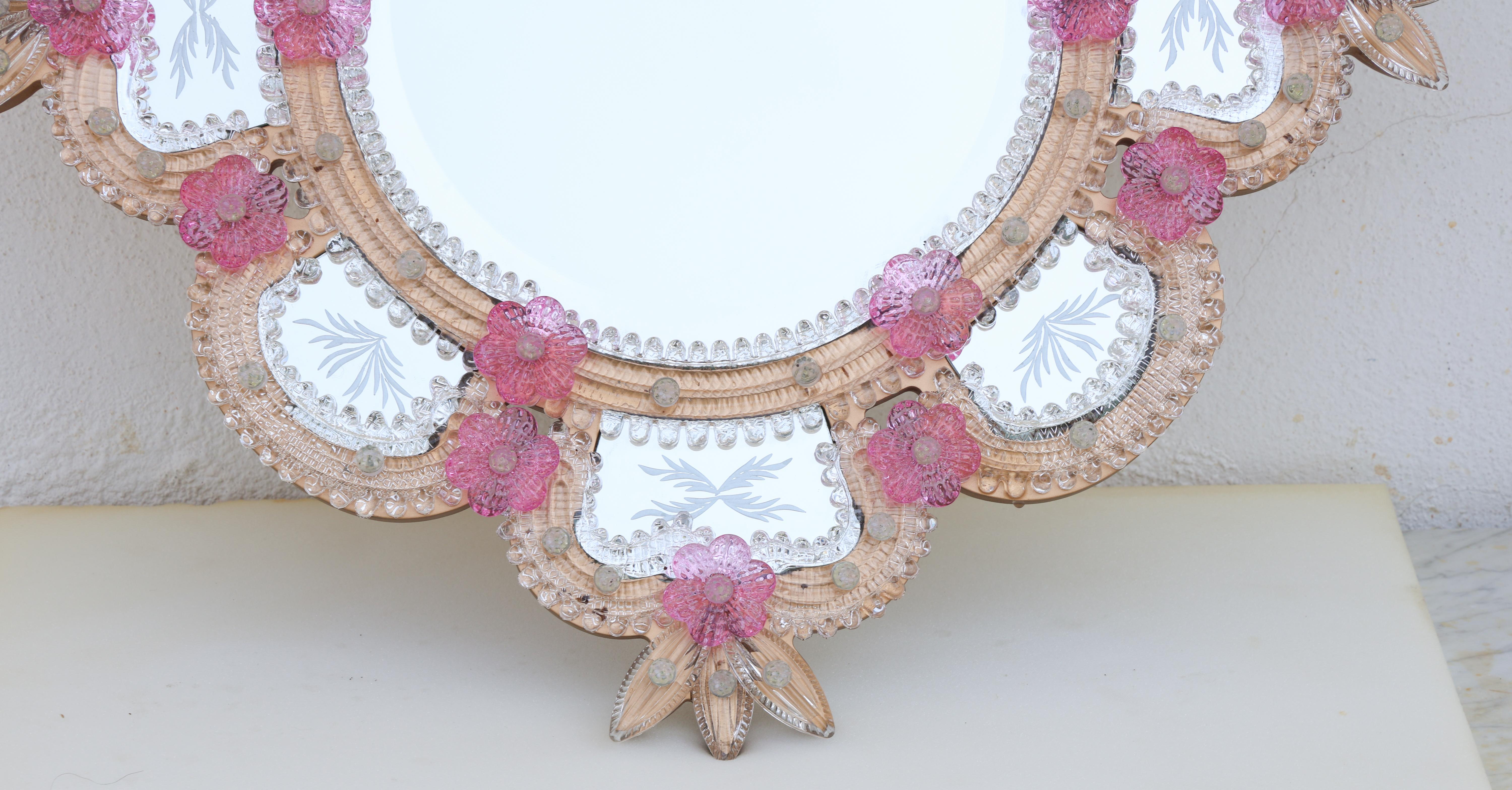 Exceptional Vintage Pink Murano Glass Wall Mirror