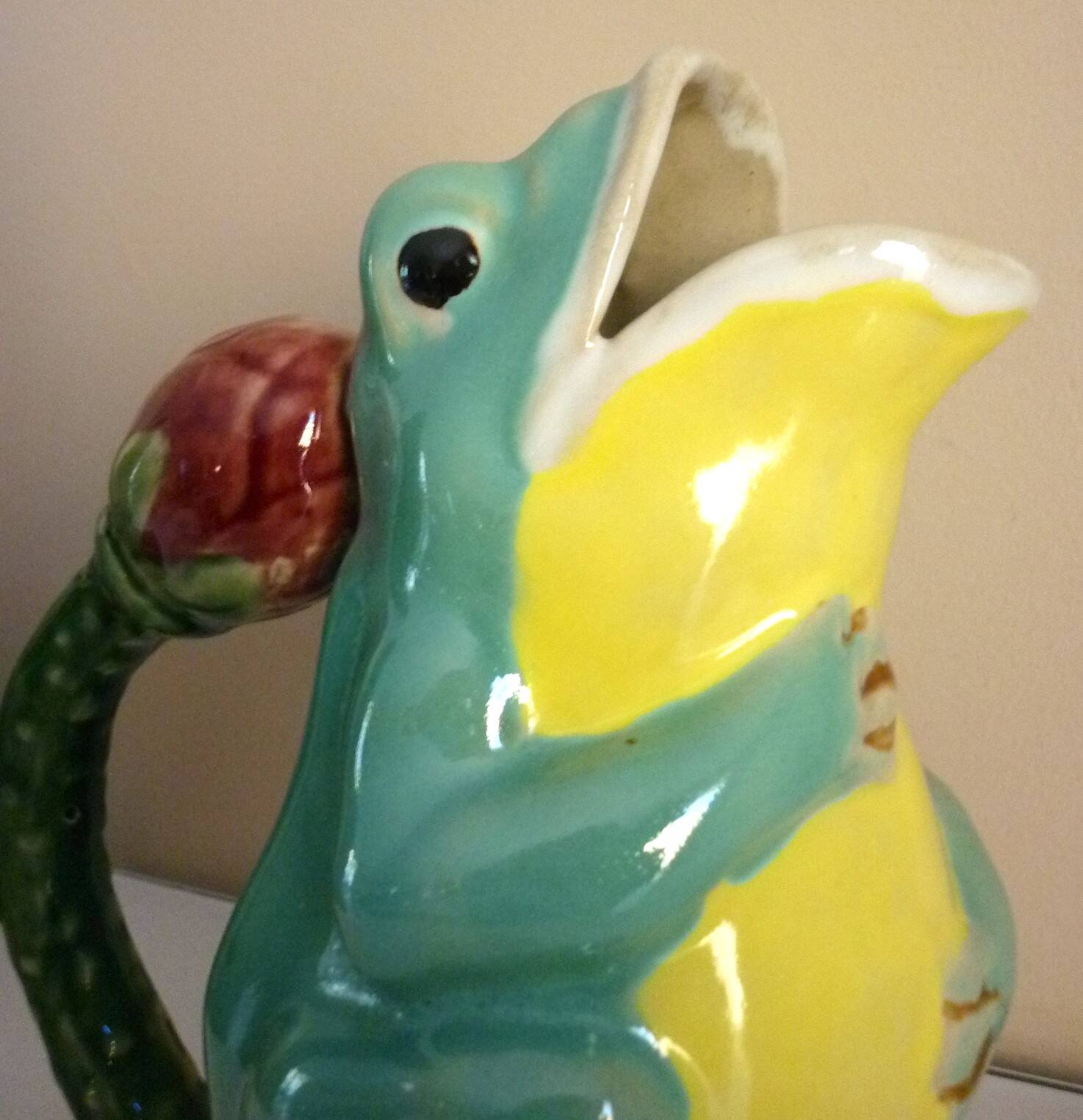 Frog pitcher, glazed ceramic, slipware, signed Athezza Franca