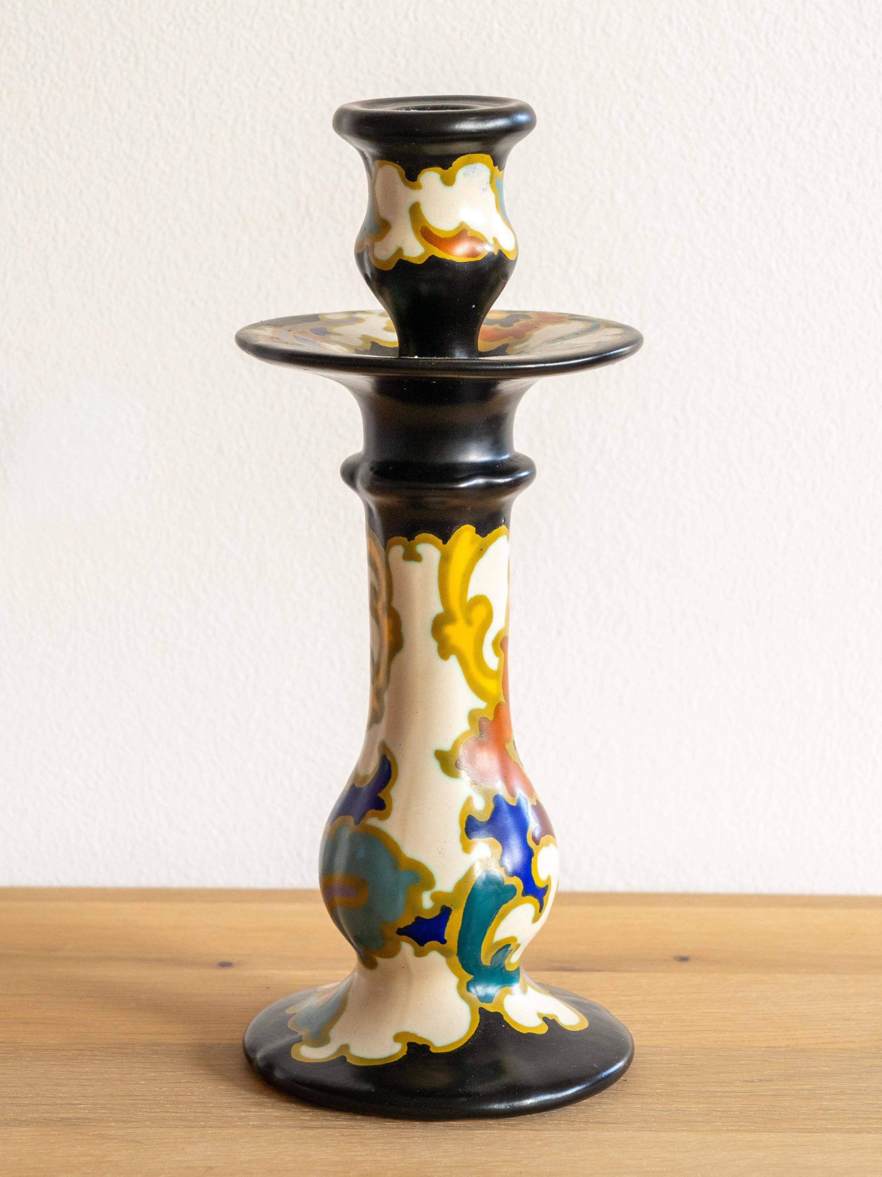 Hand-painted ceramic candlestick in Art Deco Revival style, Dutch Gouda pottery.