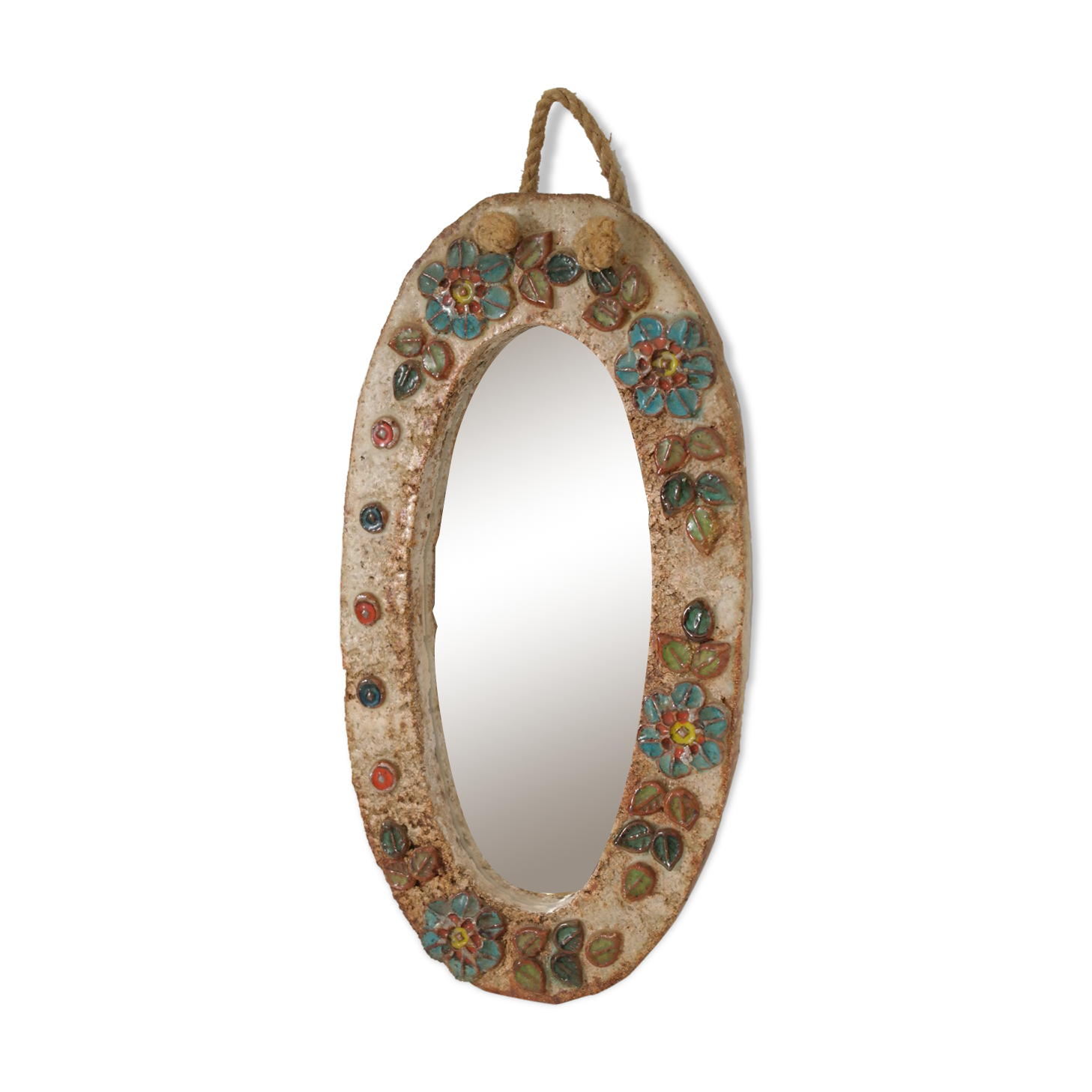 Vallauris ceramic mirror decorated with flowers, circa 1960