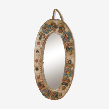 Miroir en céramique Vallauris à décor de fleurs, circa 1960