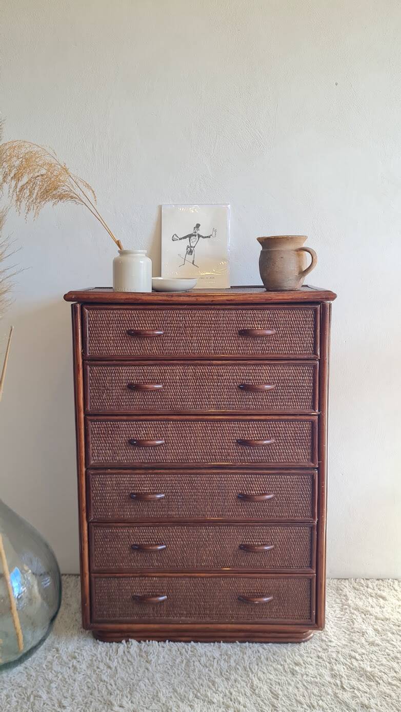 Commode en rotin vintage circa années 70