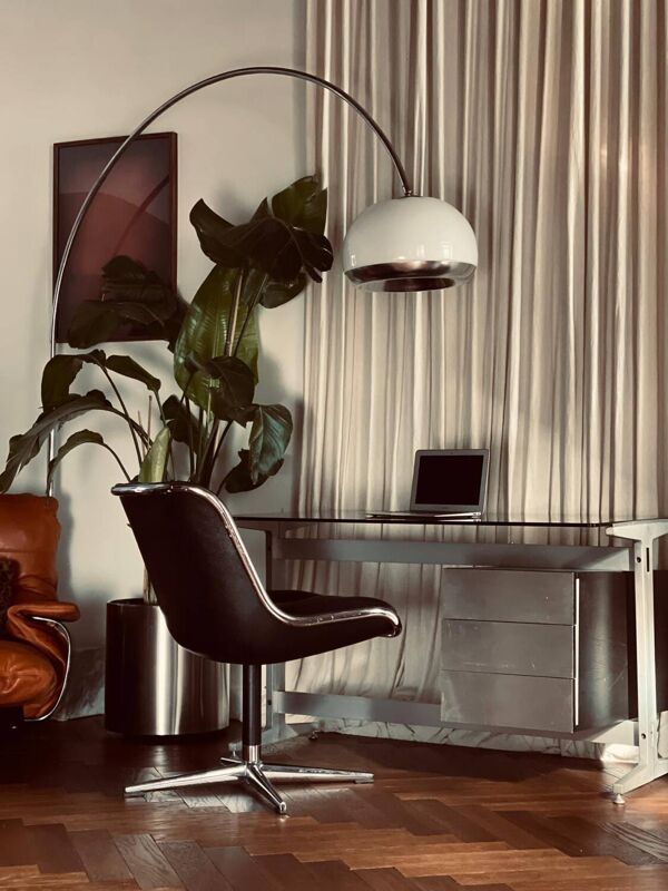 Bureau Roche Bobois verre fumé et chrome Étienne Fermigier années 70