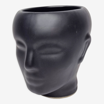 Anthropomorphic pot cover in matt black glazed ceramic, 80s