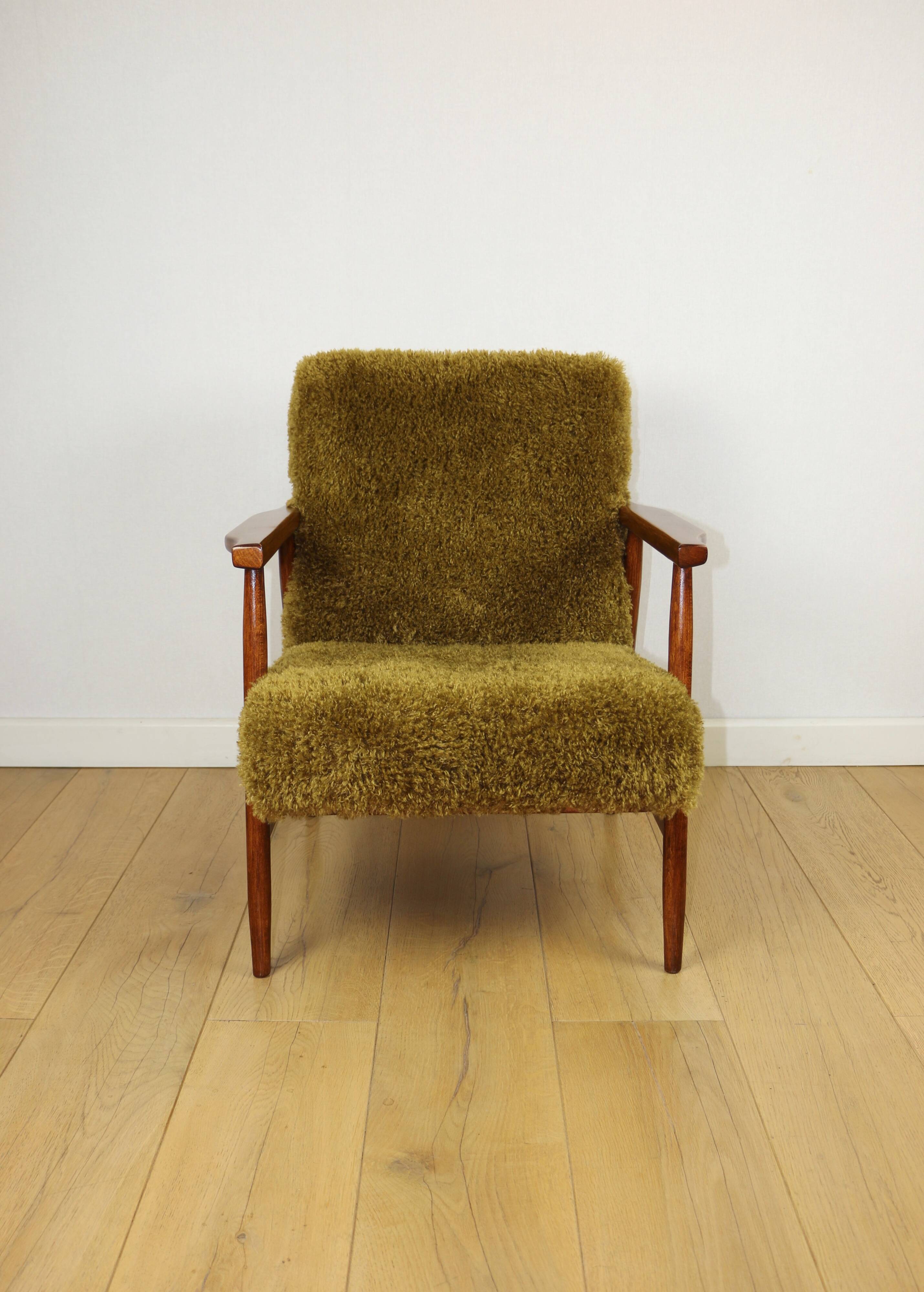 Vintage armchair, 1970s red fox - high pile khaki / olive - long pile