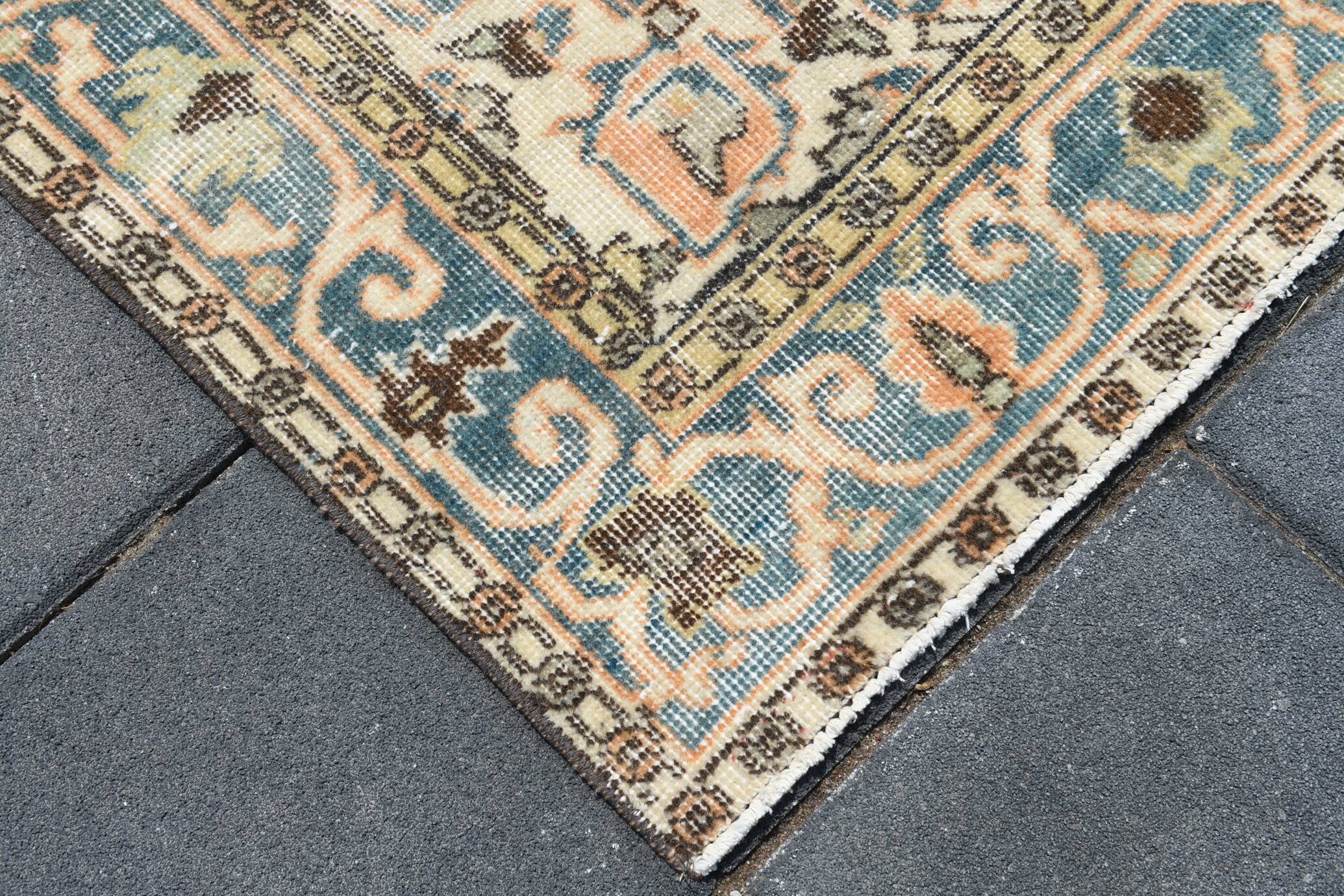 Tapis Turc Vintage Oushak, Couloir Pêche Bleu, 120x194 Cm
