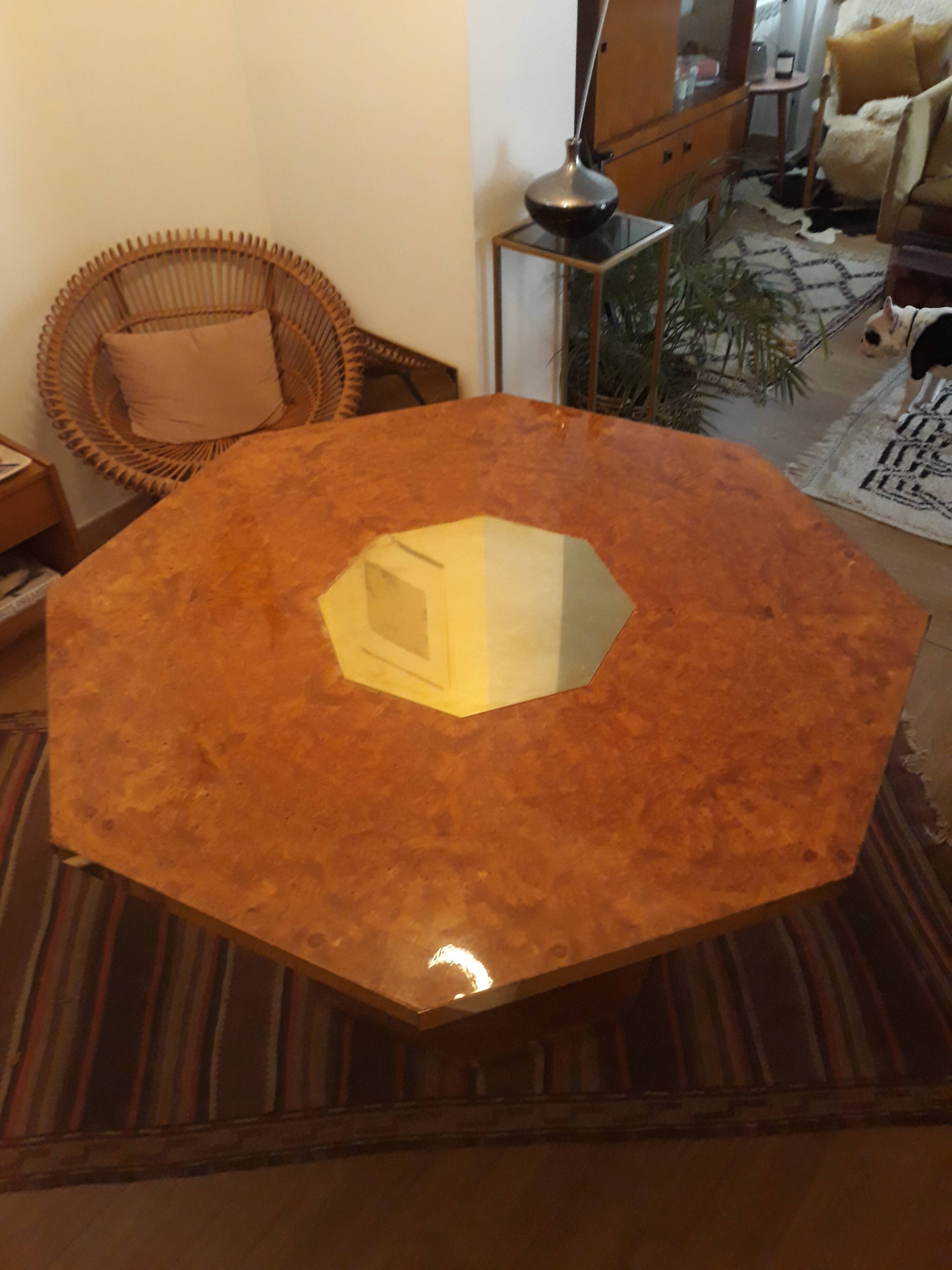 Jean Claude Mahey octagonal table magnifying glass and brass