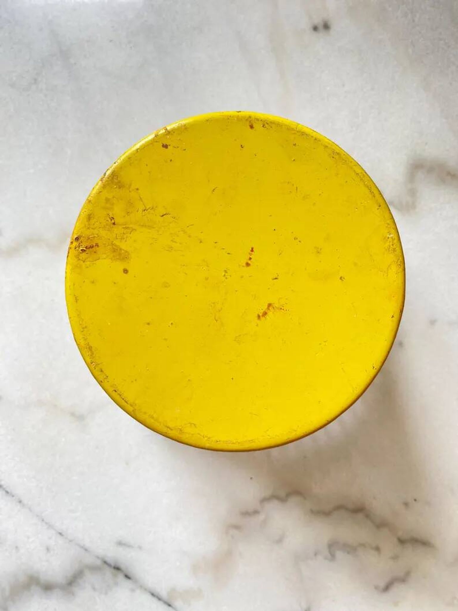 Mathieu Matégot round metal cache pot in yellow, France 1950s