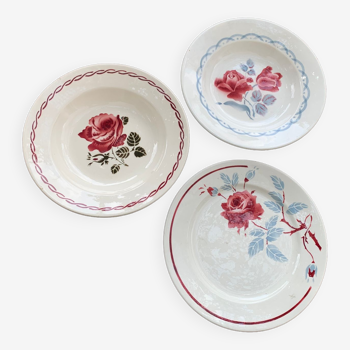 3 assiettes anciennes, 2 creuses et une plate, motif de roses, modele paulette, germaine et cannes