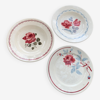 3 old plates, 2 hollow and a flat, rose motif, paulette model, germaine and canes