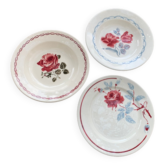 3 assiettes anciennes, 2 creuses et une plate, motif de roses, modele paulette, germaine et cannes