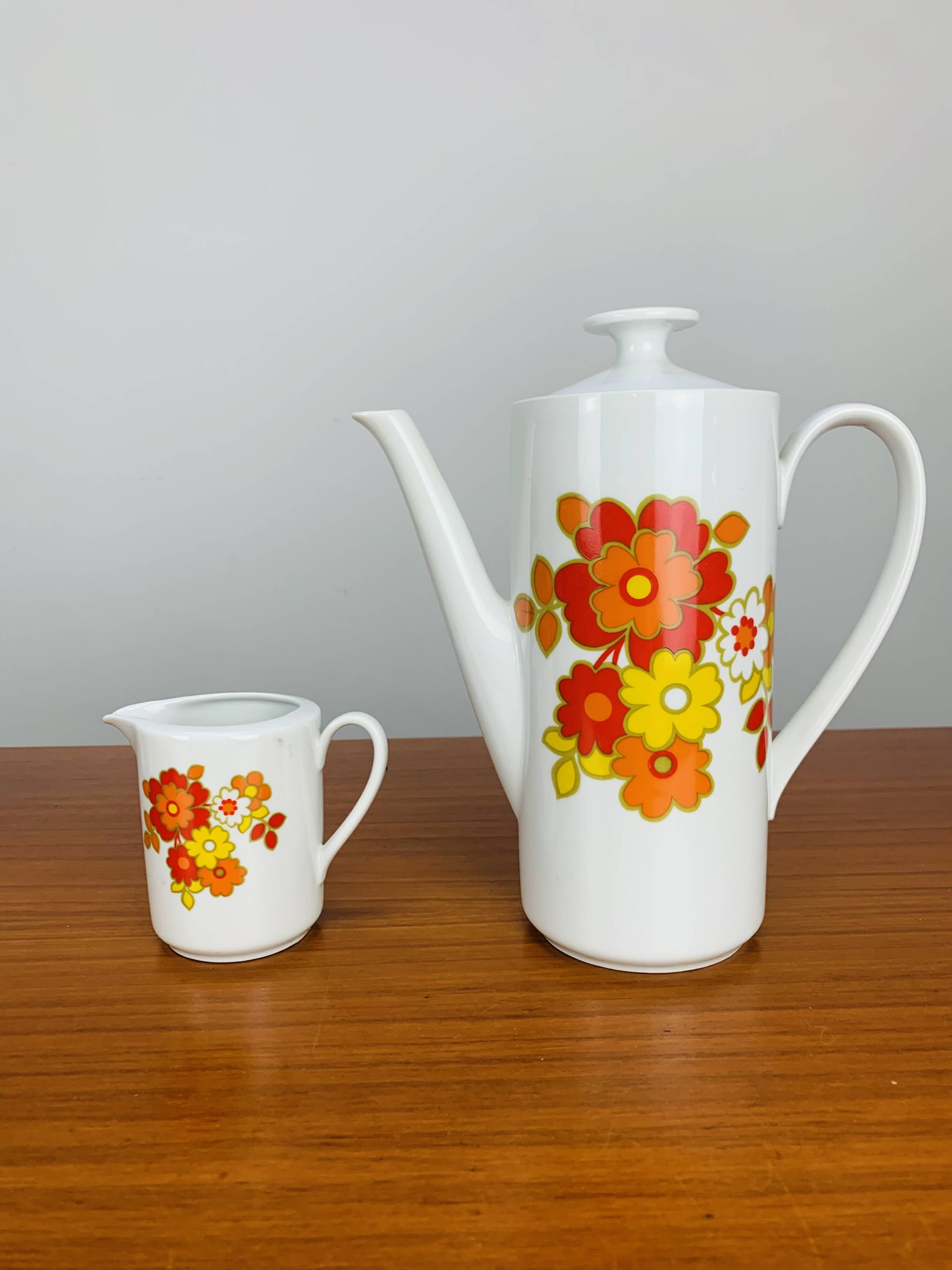 Tea and dessert set of 6 cups, German porcelain, flowers, 70s