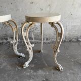 Pair of cream-white cast iron side tables with wooden tops — neoclassical shabby-chic