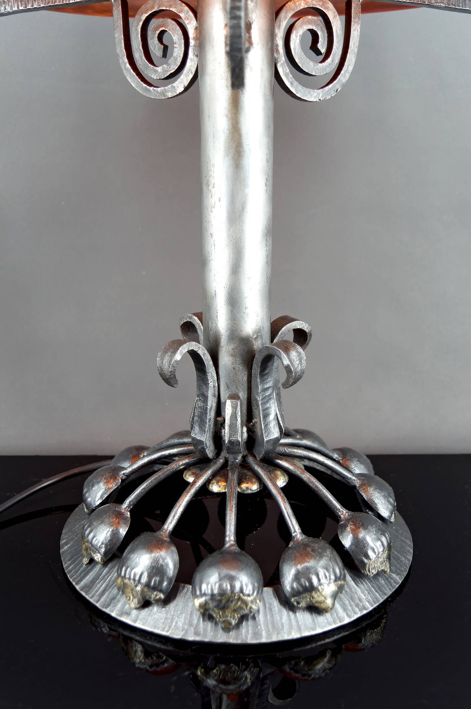 Important Stylized Wrought Iron Lamp with Glass Dome, c. 1930