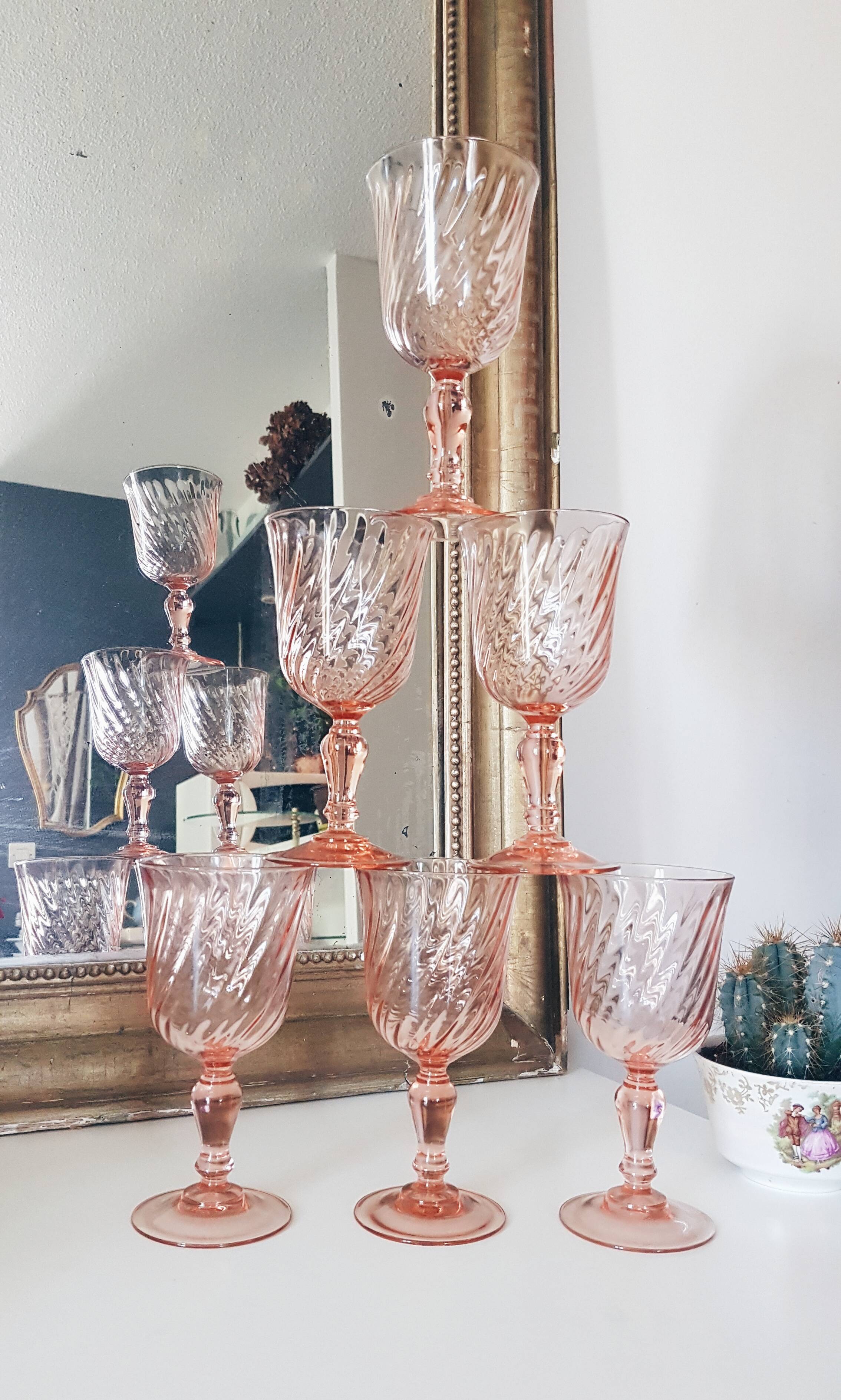 6 vintage white wine glasses in pink Rosaline Arcoroc Luminarc glass 10 cl