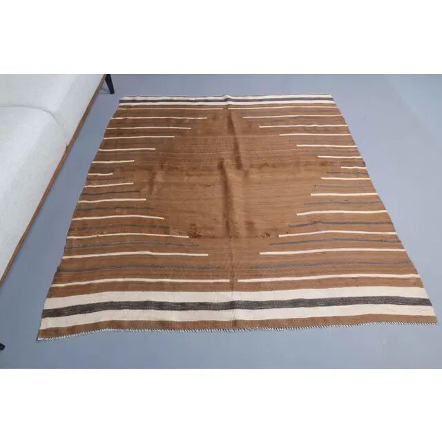Vintage Turkish hand-knotted wool cotton brown small area rug 152x167