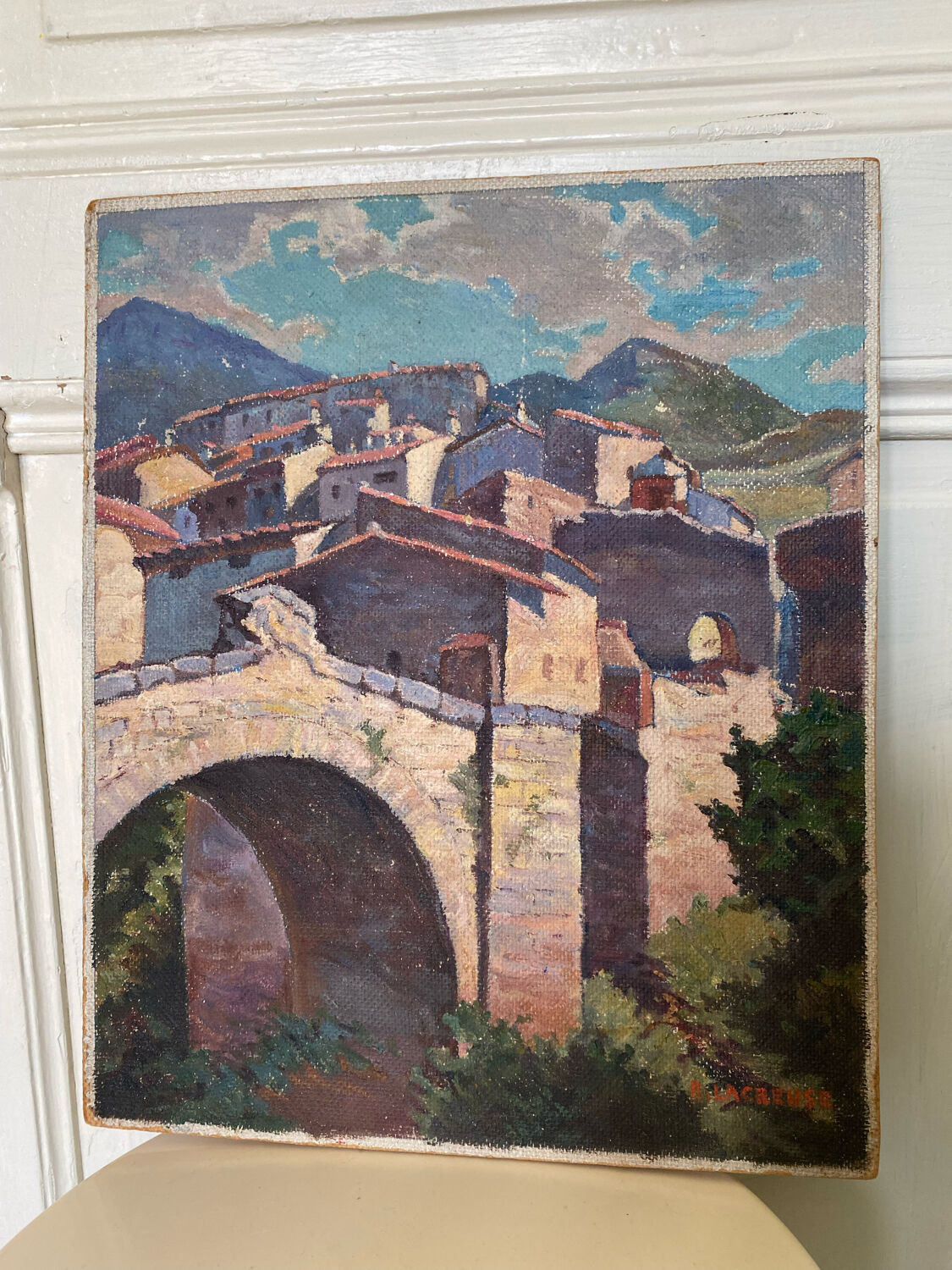 Painting signed sunny village soft colors