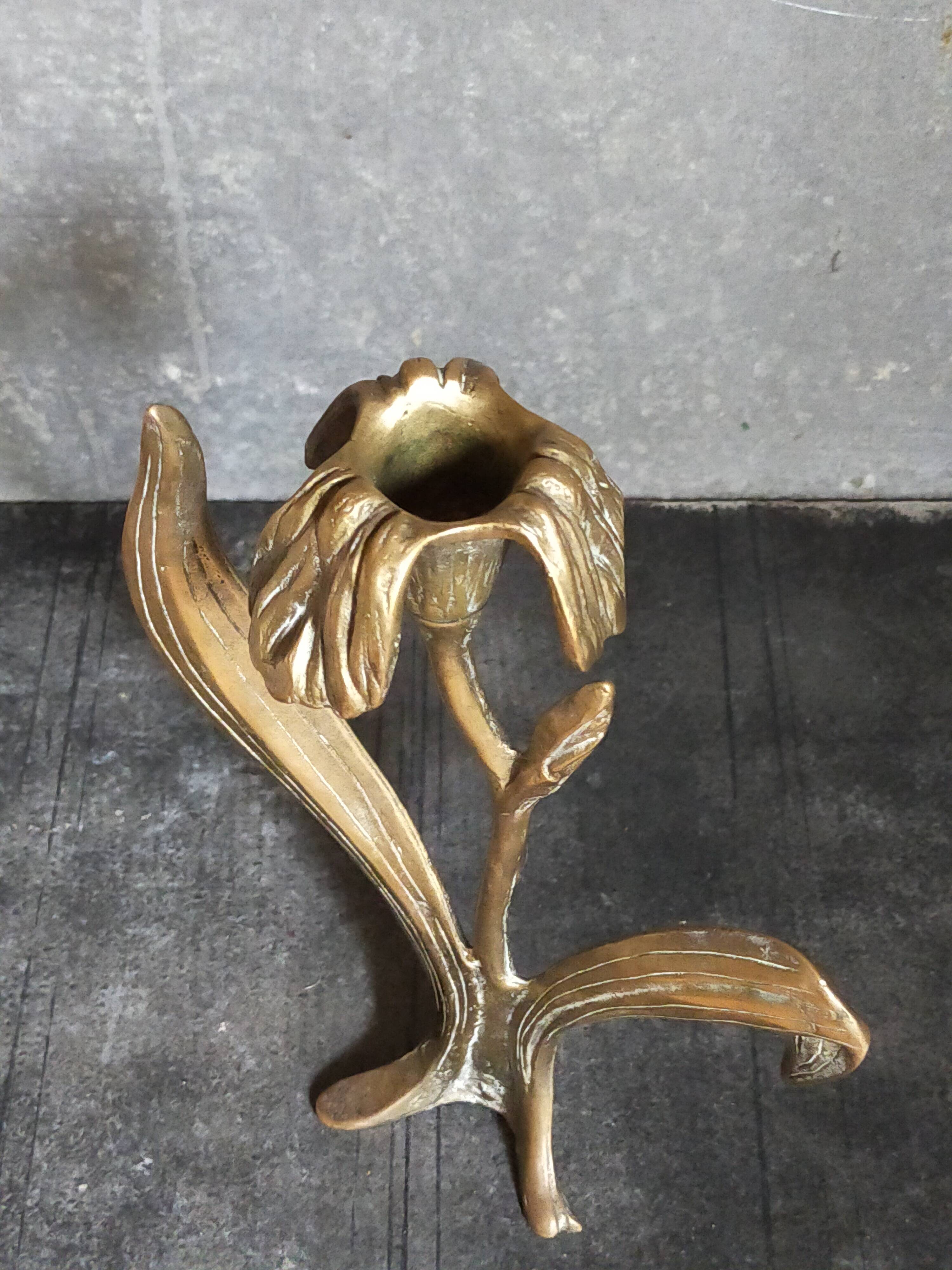 Old iris flower candle holder in solid brass