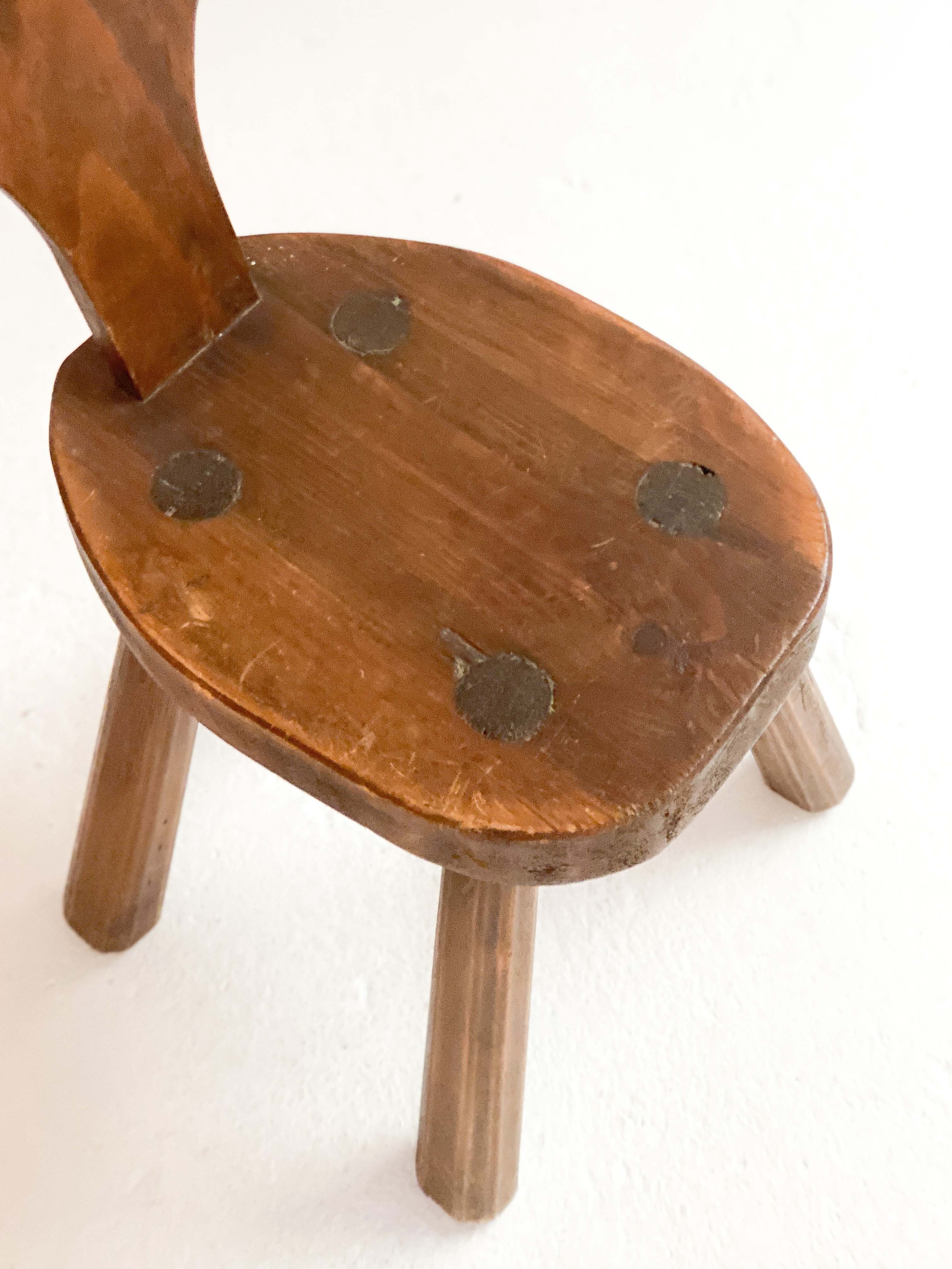Brutalist pine side stool, mid-century, french