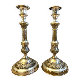 Ancienne paire de bougeoirs chandeliers flambeaux époque Louis Philippe argent