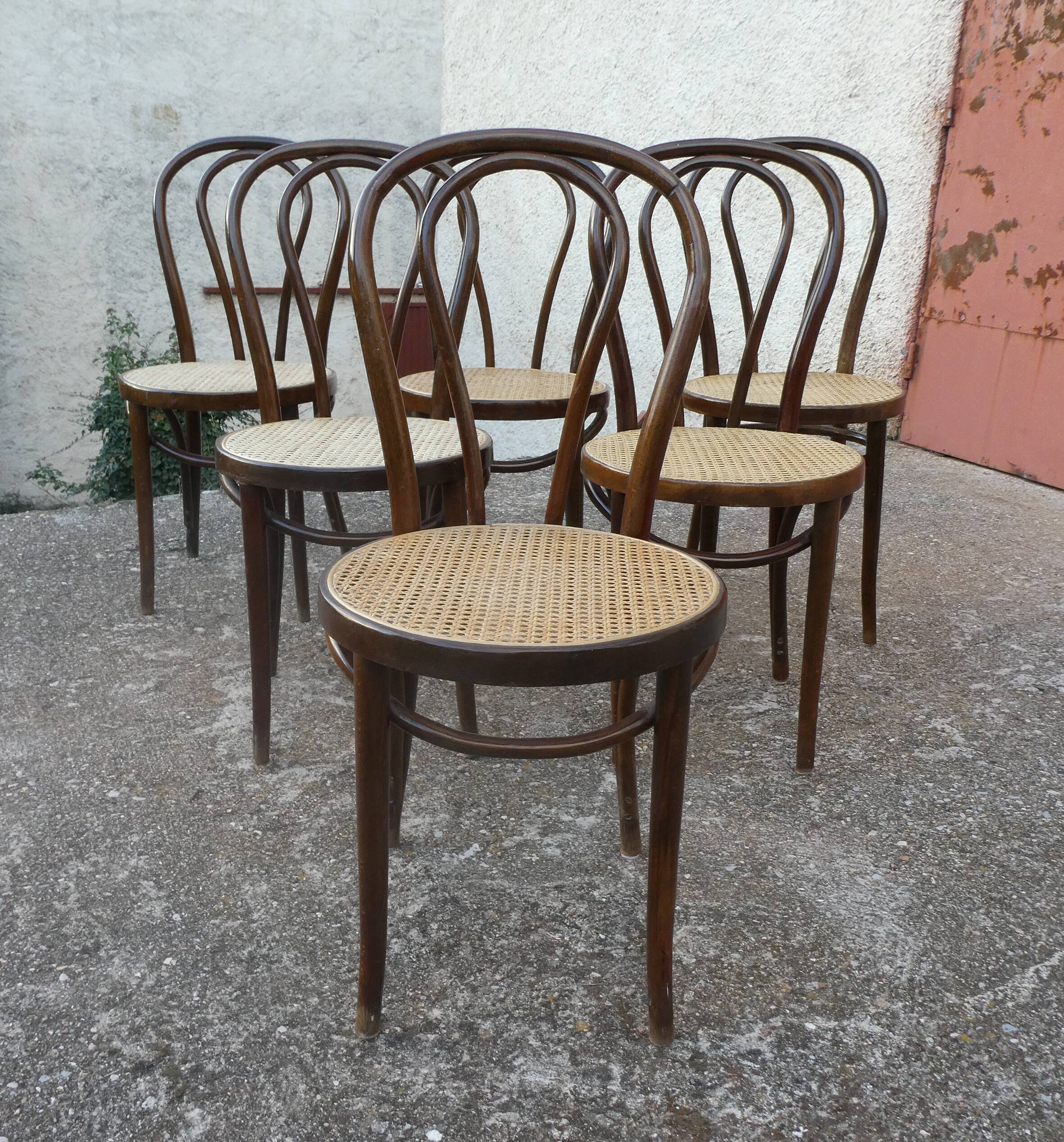 Set of 6 bistro chairs canned in curved wood N°18