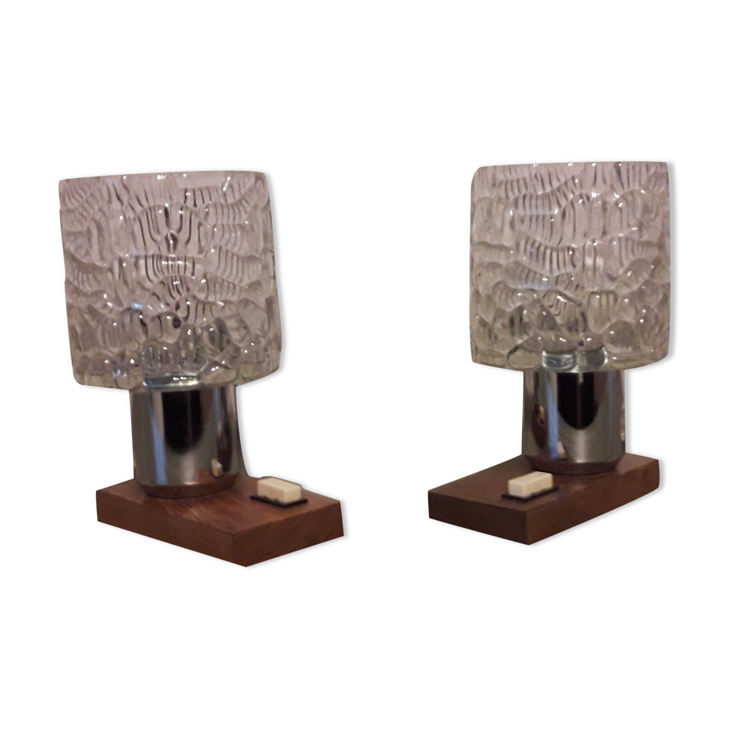 Pair of glass and wood bedside lamps