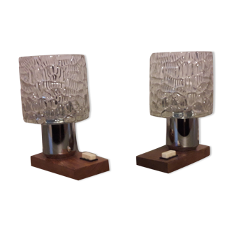 Pair of glass and wood bedside lamps