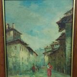 Antique oil painting on faesite early 1900s countryside view