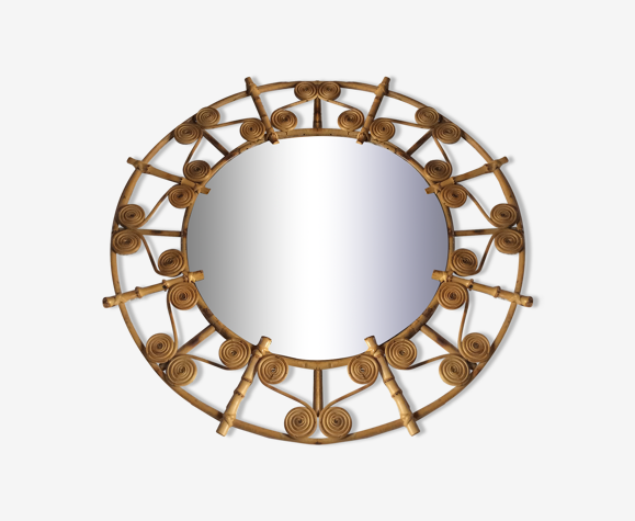 Miroir rotin vintage rond 1950 - 58cm