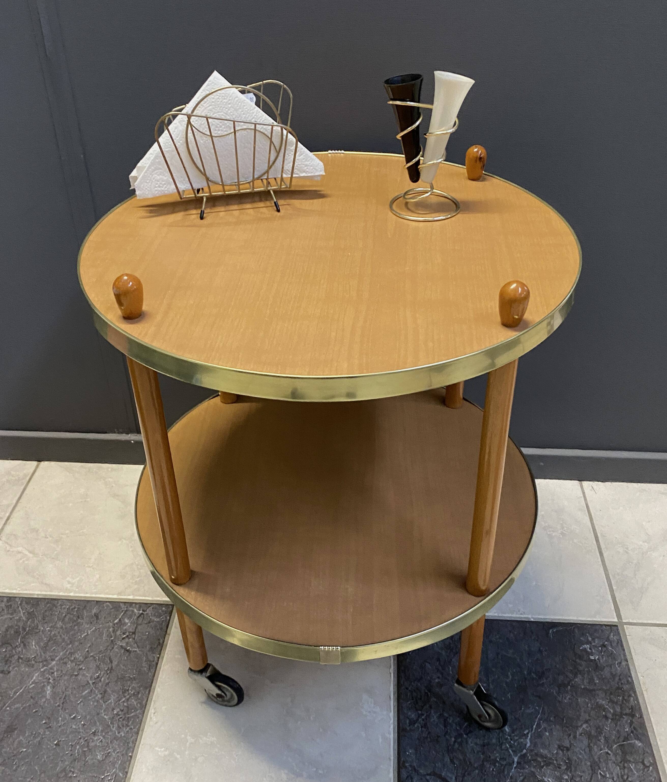 Wood round serving trolley sidetable 1960s