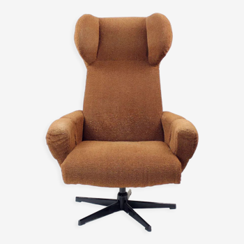 Mid Century Wing Swivel Chair In Brown Fabric, Czechoslovakia 1960s
