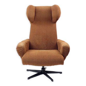 Mid Century Wing Swivel Chair In Brown Fabric, Czechoslovakia 1960s