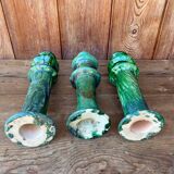 Trio of Tamegroute candlestick holders in enamelled ceramic.